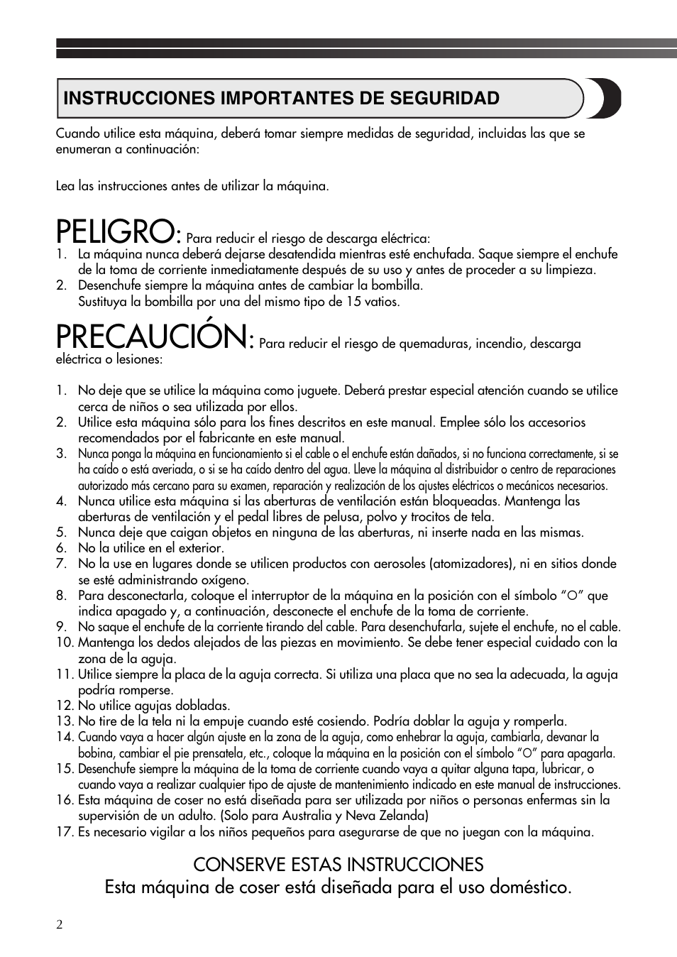 Peligro, Precaución, Instrucciones importantes de seguridad | Brother BM-3600 User Manual | Page 3 / 82