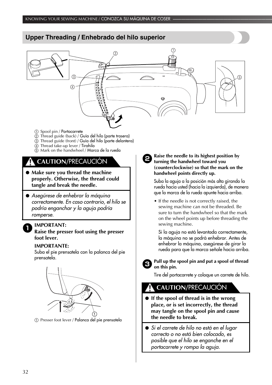 Upper threading / enhebrado del hilo superior, Caution/ precaución | Brother BM-3600 User Manual | Page 33 / 82