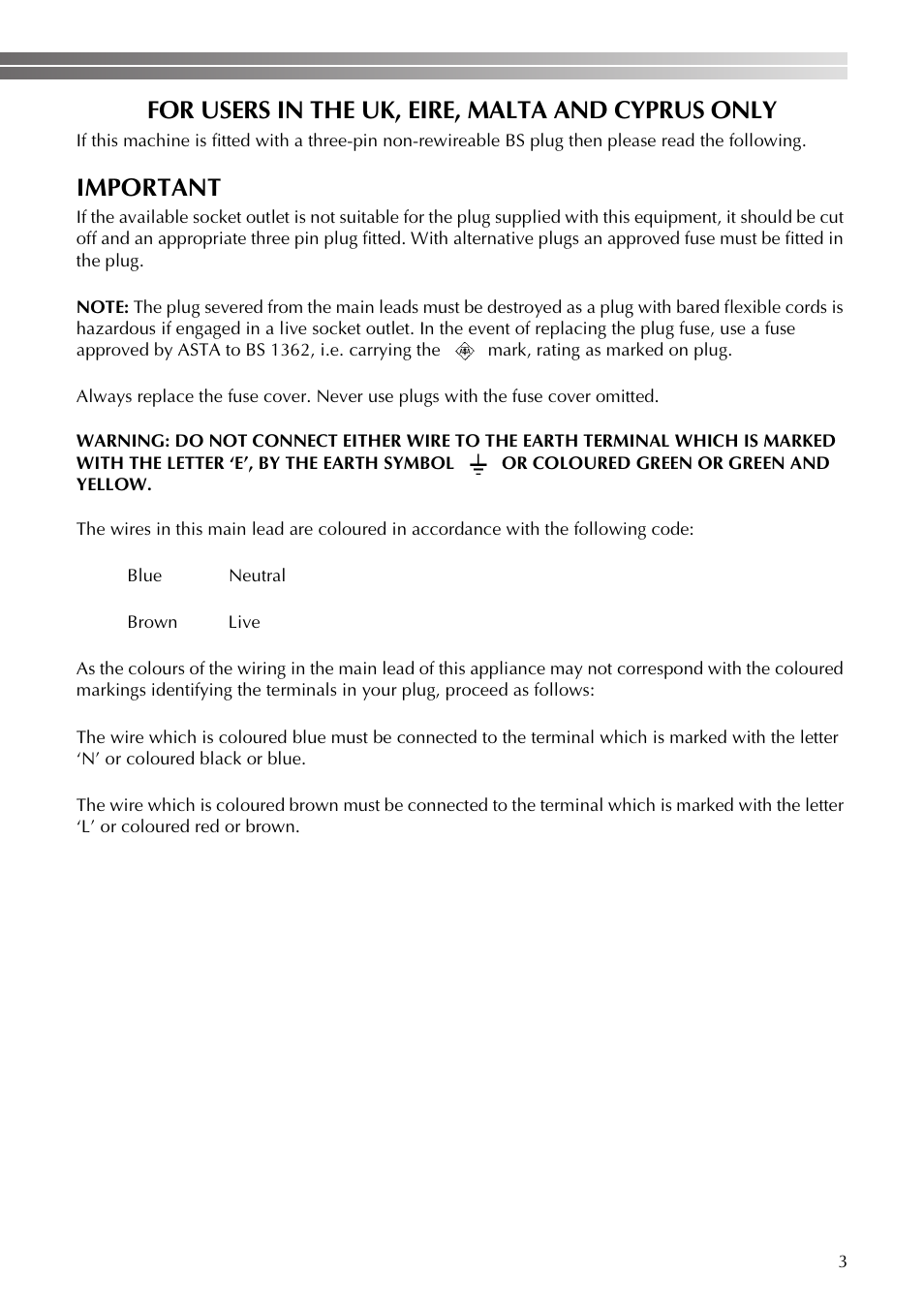 For users in the uk, eire, malta and cyprus only, Important | Brother BM-3600 User Manual | Page 4 / 82