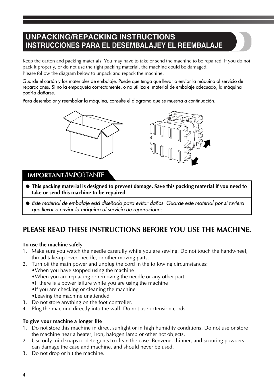 Important/ importante | Brother BM-3600 User Manual | Page 5 / 82