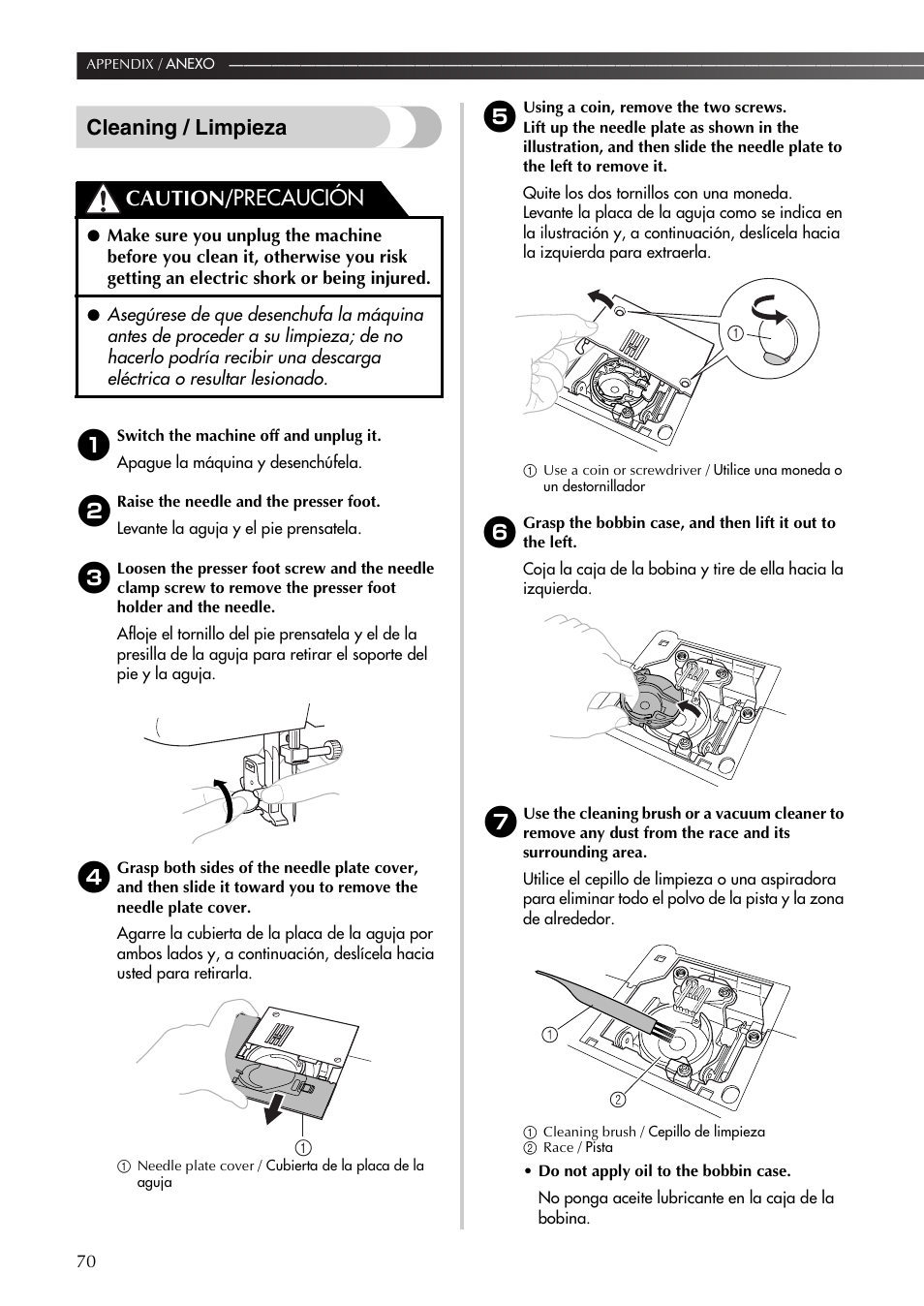 Cleaning / limpieza, Caution/ precaución | Brother BM-3600 User Manual | Page 71 / 82