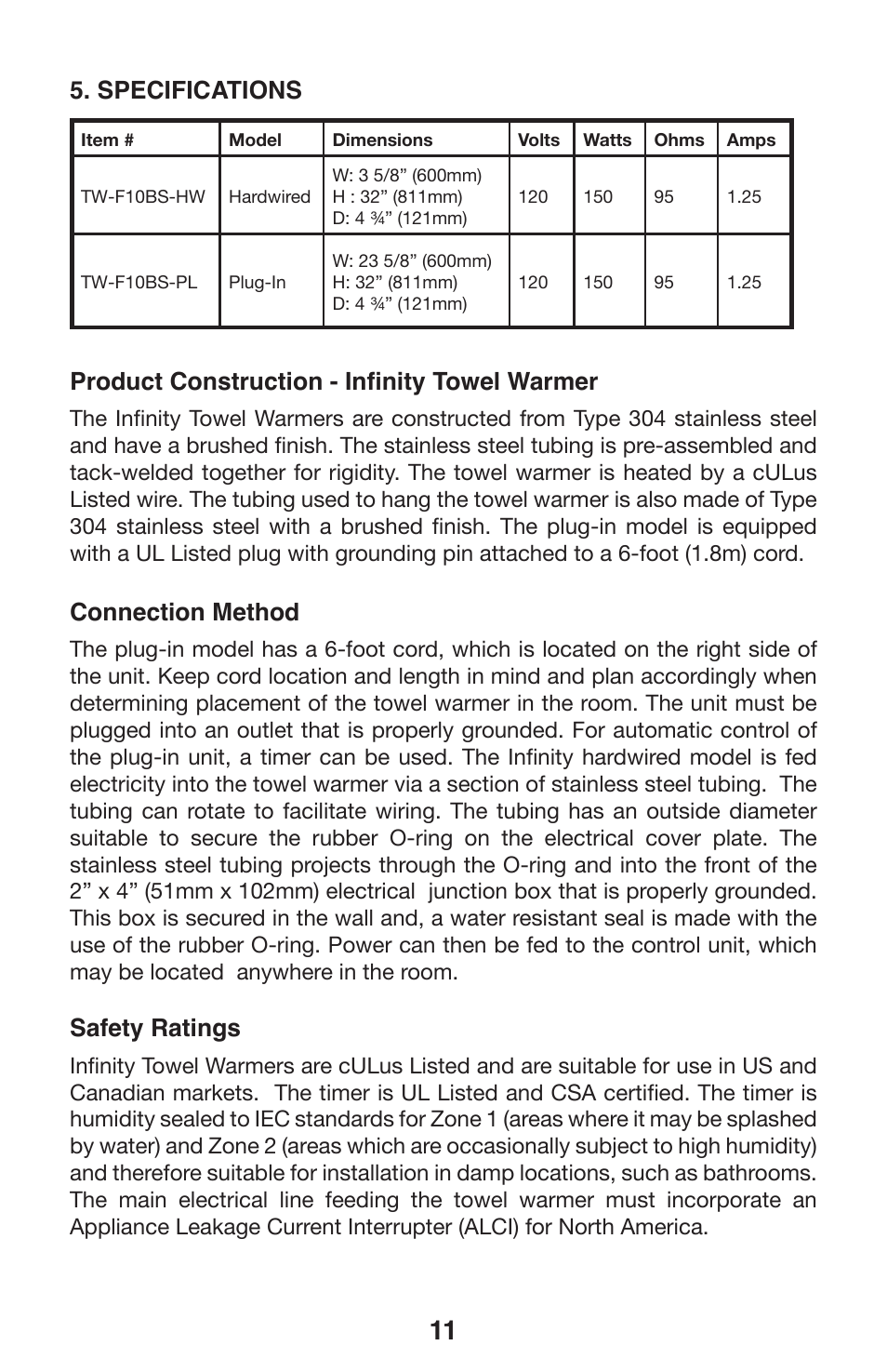 Specifications, Product construction - infinity towel warmer, Connection method | Safety ratings | WarmlyYours Infinity User Manual | Page 12 / 13