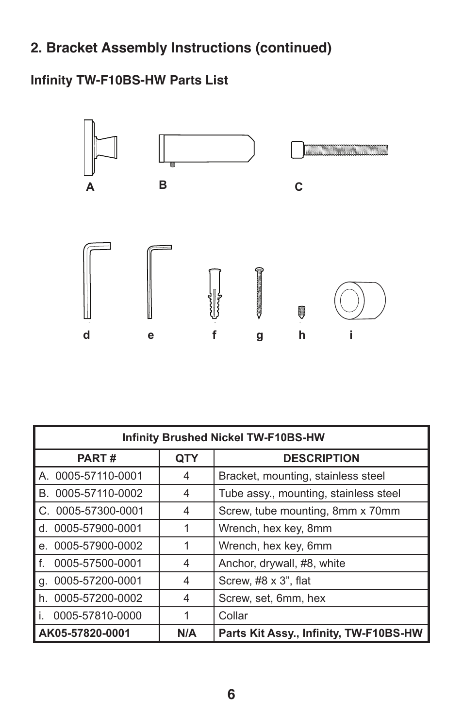 Bracket assembly instructions (continued), Infinity tw-f10bs-hw parts list | WarmlyYours Infinity User Manual | Page 7 / 13