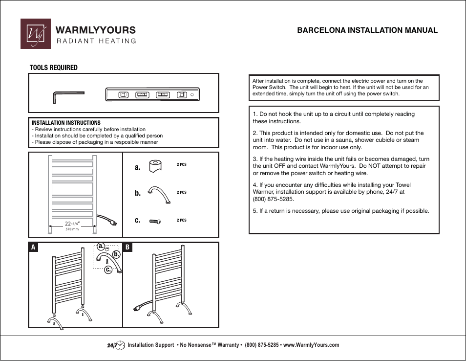 WarmlyYours Barcelona Towel Warmer User Manual | 2 pages
