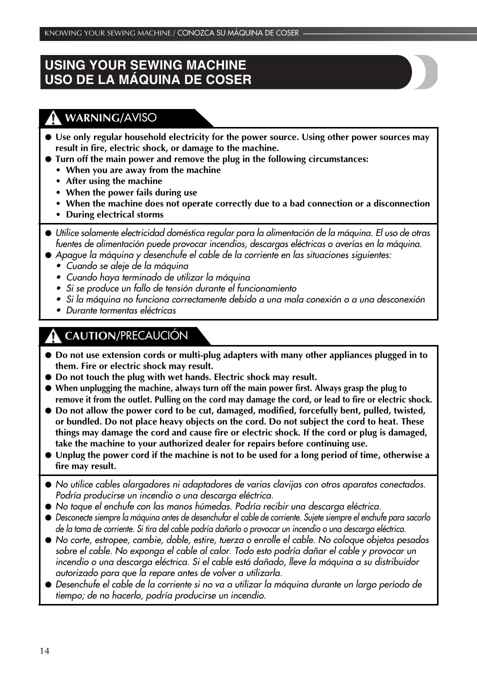 Warning/ aviso, Caution/ precaución | Brother LS-590 User Manual | Page 15 / 82