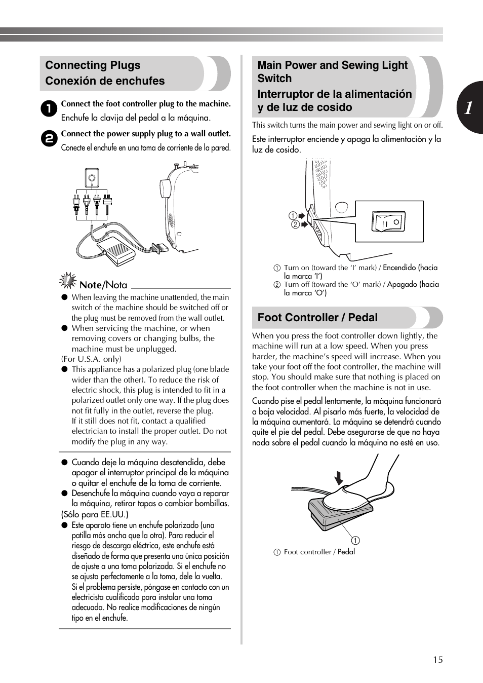 Connecting plugs conexión de enchufes, Foot controller / pedal | Brother LS-590 User Manual | Page 16 / 82