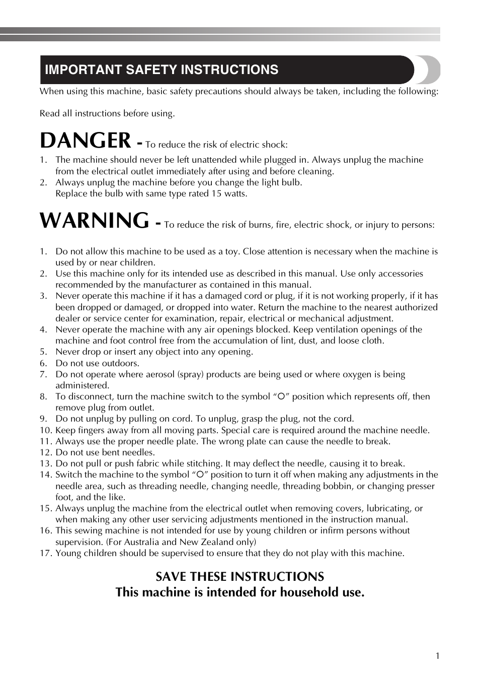 Danger, Warning, Important safety instructions | Brother LS-590 User Manual | Page 2 / 82