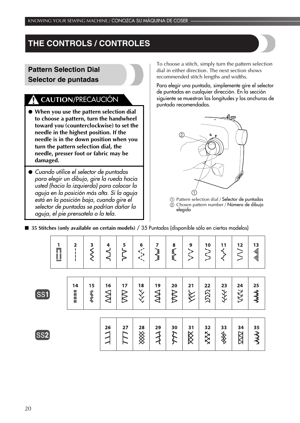 The controls / controles, Pattern selection dial selector de puntadas, Caution/ precaución | Brother LS-590 User Manual | Page 21 / 82