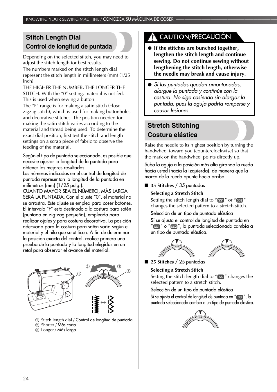 Stitch length dial control de longitud de puntada, Stretch stitching costura elástica, Caution/ precaución | Brother LS-590 User Manual | Page 25 / 82