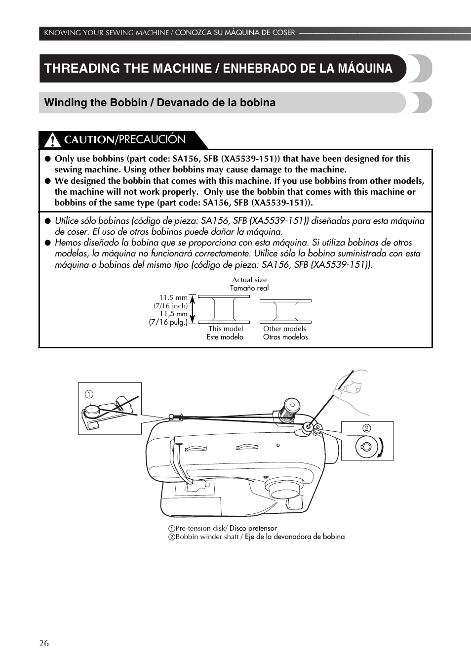 Threading the machine / enhebrado de la máquina, Winding the bobbin / devanado de la bobina, Caution/ precaución | Brother LS-590 User Manual | Page 27 / 82