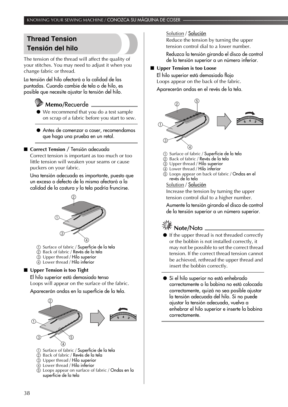 Thread tension tensión del hilo | Brother LS-590 User Manual | Page 39 / 82