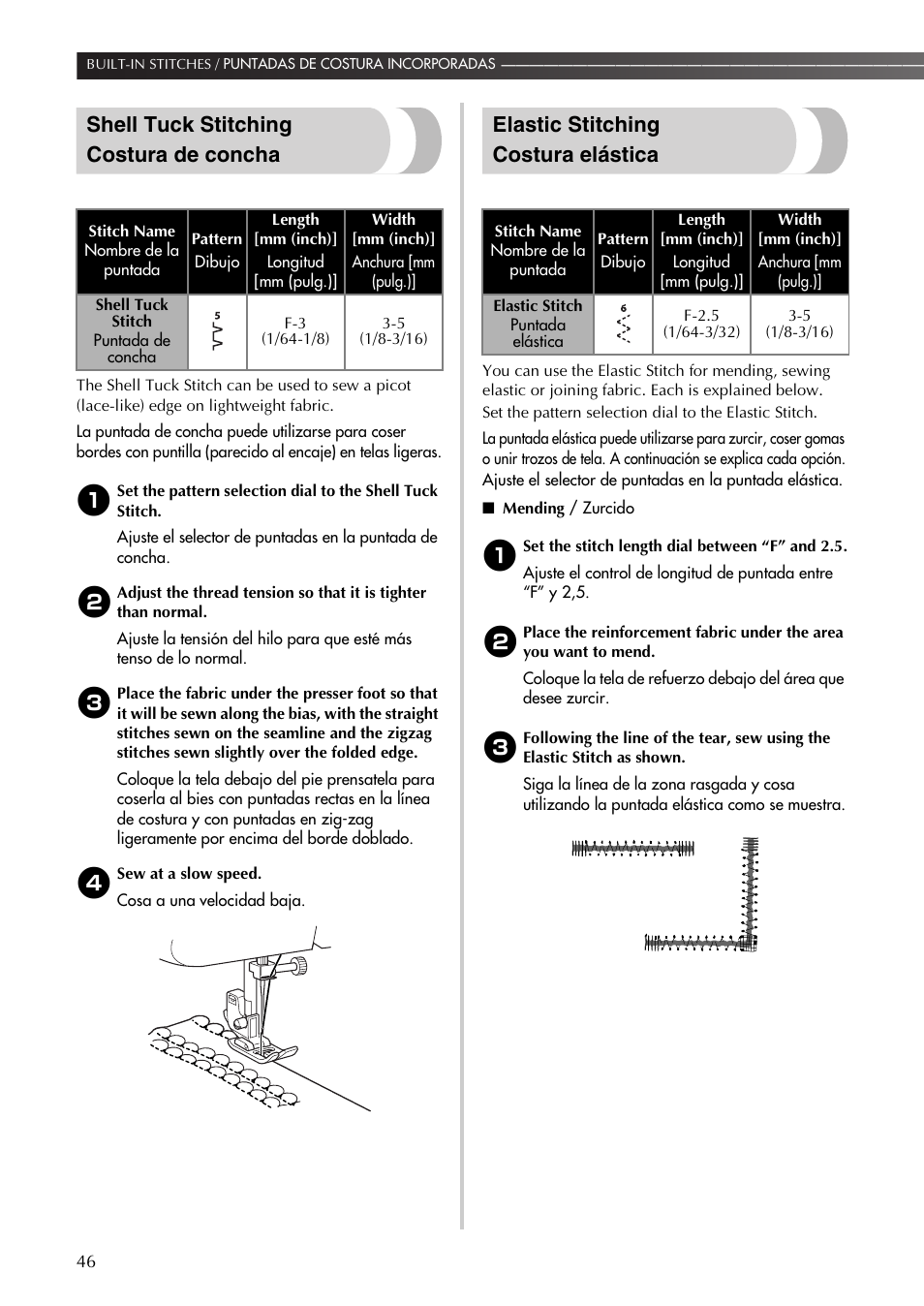 Shell tuck stitching costura de concha, Elastic stitching costura elástica | Brother LS-590 User Manual | Page 47 / 82