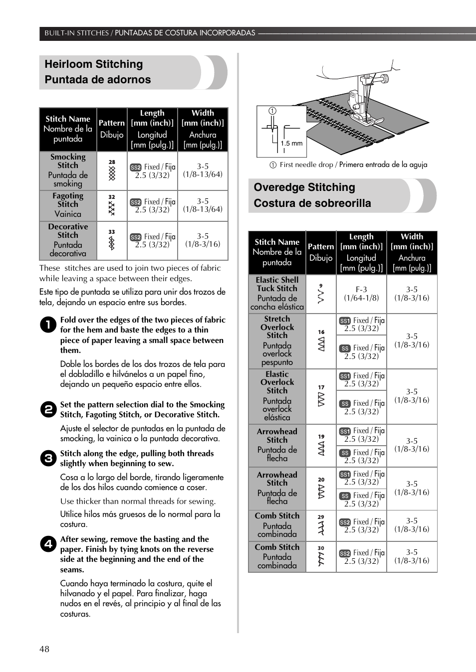 Heirloom stitching puntada de adornos, Overedge stitching costura de sobreorilla | Brother LS-590 User Manual | Page 49 / 82