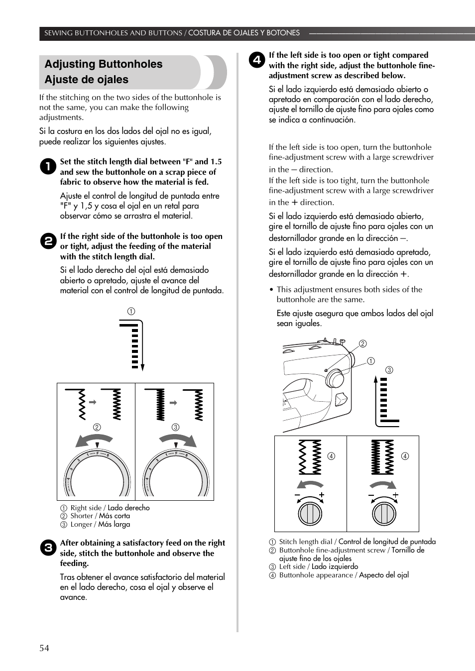 Adjusting buttonholes ajuste de ojales | Brother LS-590 User Manual | Page 55 / 82