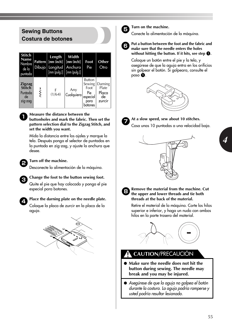 Sewing buttons costura de botones, Caution/ precaución | Brother LS-590 User Manual | Page 56 / 82