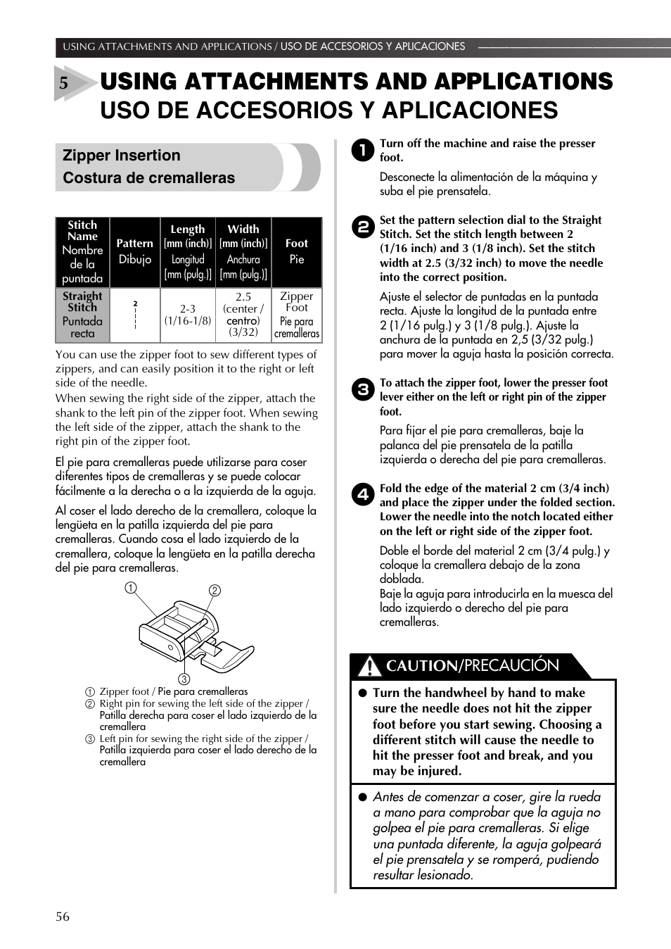 Zipper insertion costura de cremalleras, Caution/ precaución | Brother LS-590 User Manual | Page 57 / 82