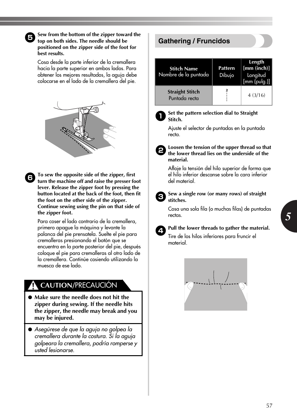 Gathering / fruncidos, Caution/ precaución | Brother LS-590 User Manual | Page 58 / 82