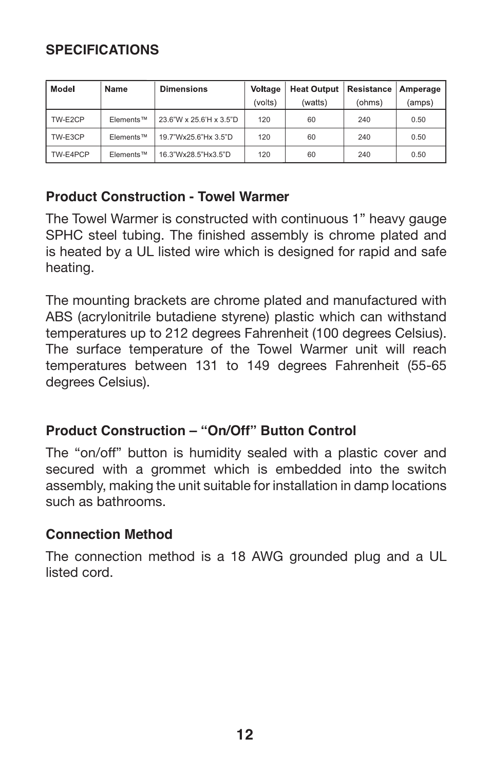 Tw-elements-manual_10196_13 | WarmlyYours Elements WarmlyYours Towel Warmers User Manual | Page 13 / 15
