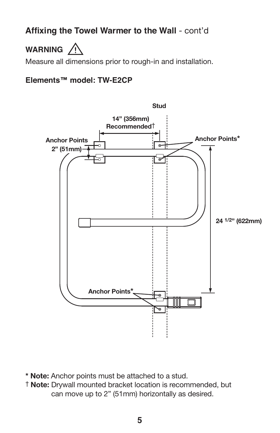 Tw-elements-manual_10196_6, Affi xing the towel warmer to the wall - cont’d | WarmlyYours Elements WarmlyYours Towel Warmers User Manual | Page 6 / 15