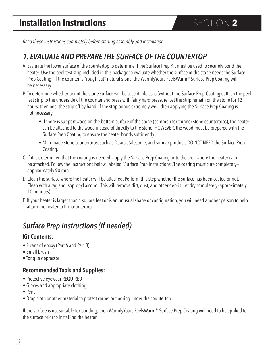 Installation instructions, Evaluate and prepare the surface of the countertop, Surface prep instructions (if needed) | WarmlyYours FeelsWarm® Countertop Heating User Manual | Page 4 / 11