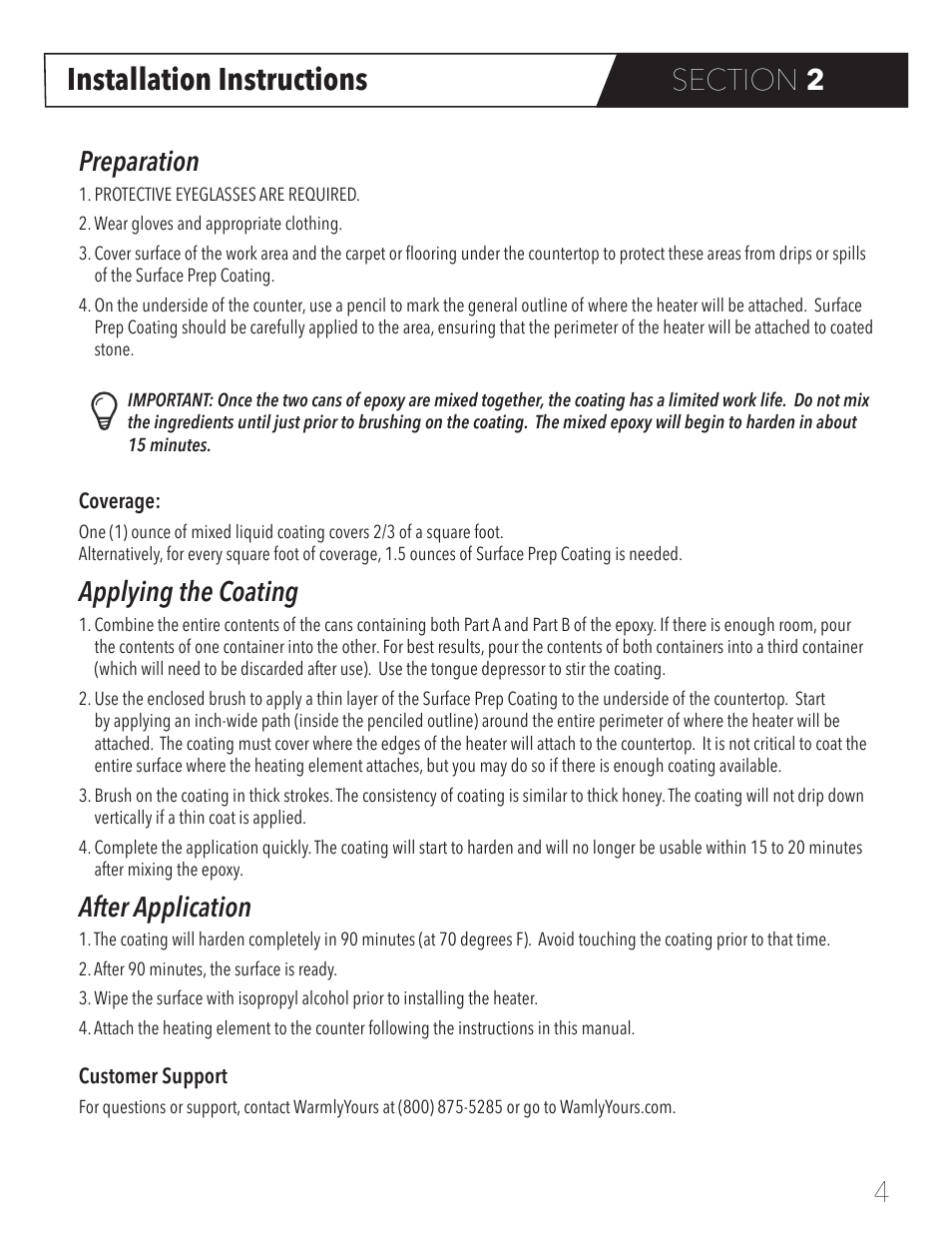 Installation instructions, Preparation, Applying the coating | After application | WarmlyYours FeelsWarm® Countertop Heating User Manual | Page 5 / 11