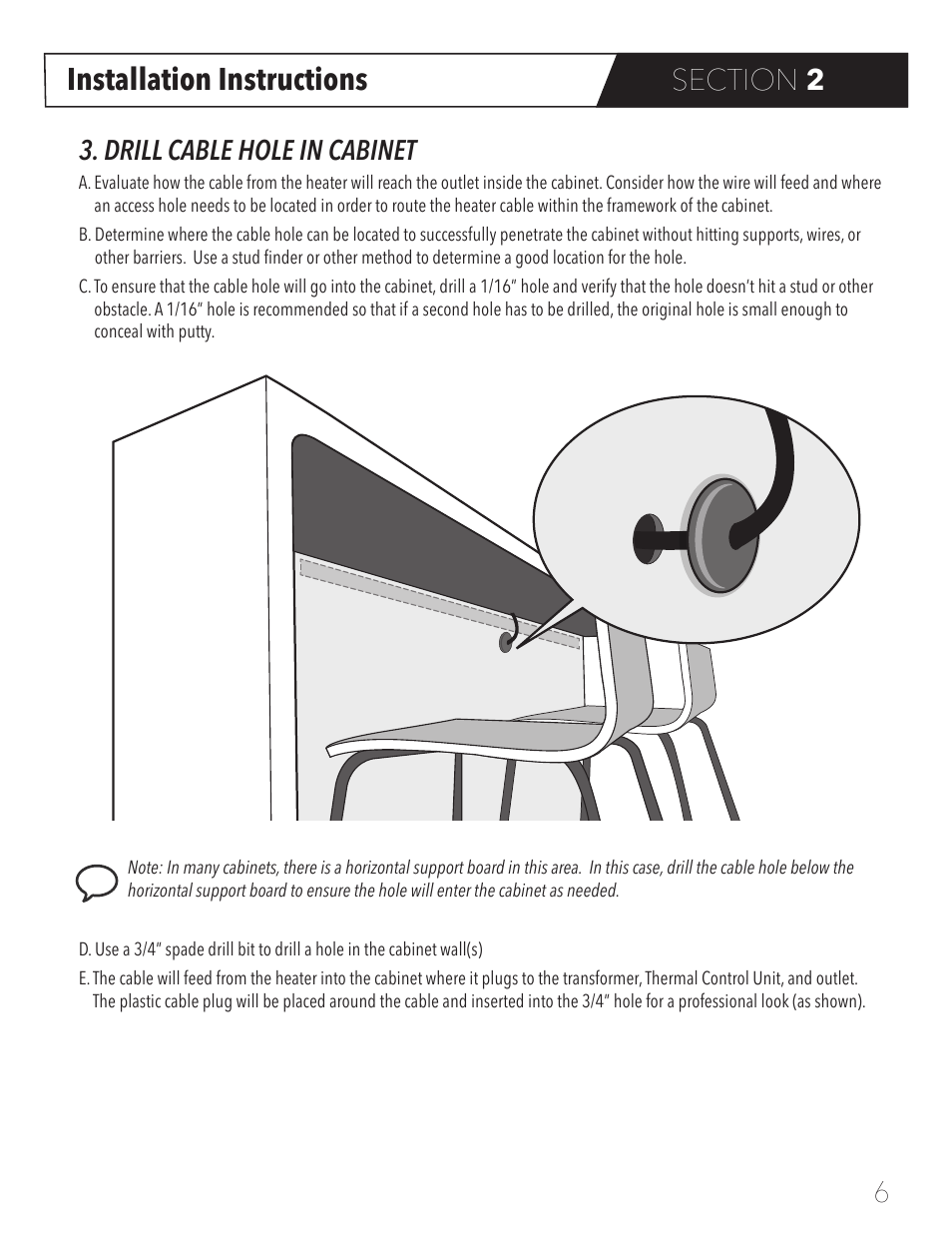 Installation instructions, Drill cable hole in cabinet | WarmlyYours FeelsWarm® Countertop Heating User Manual | Page 7 / 11