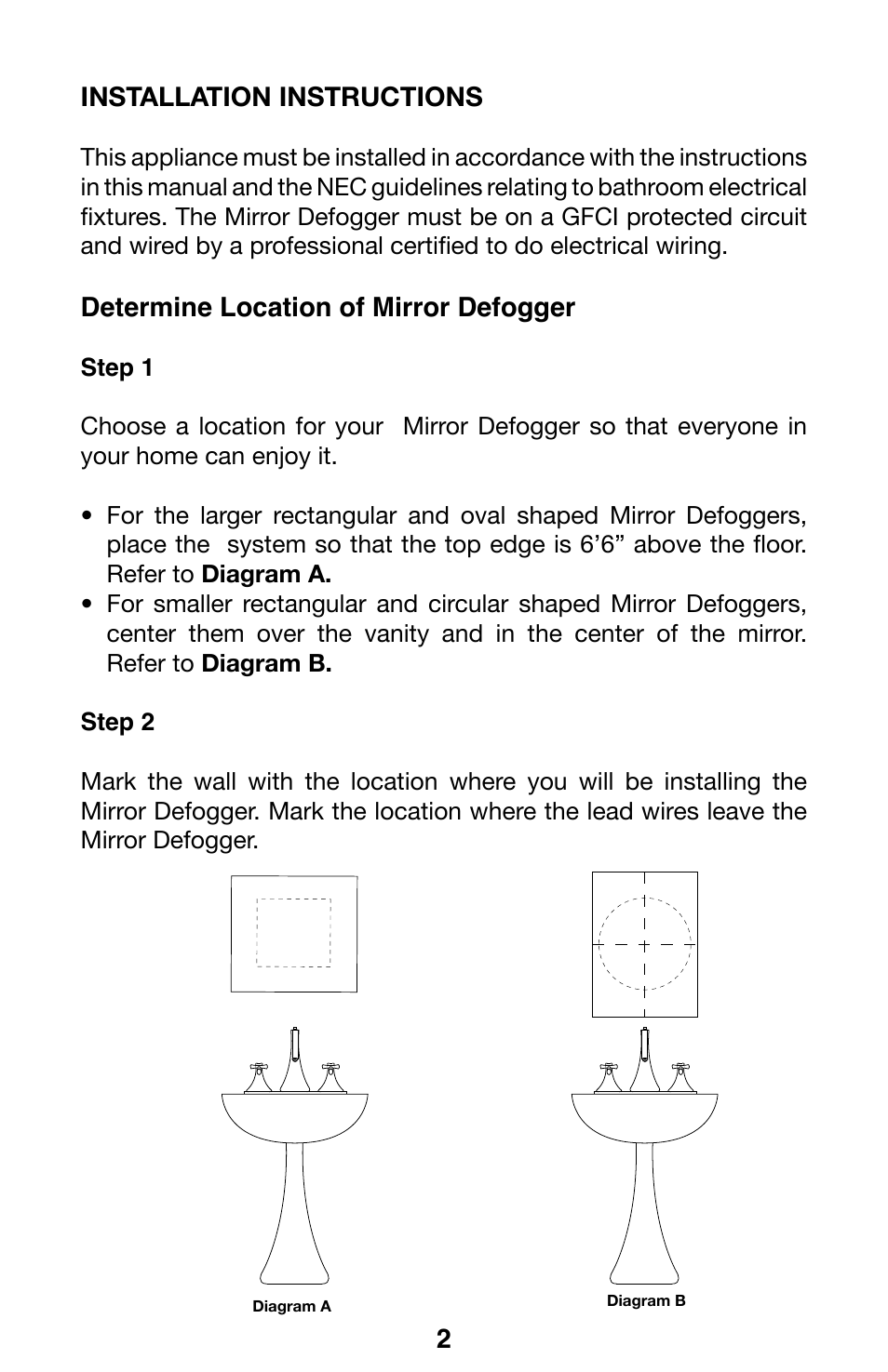 Installation instructions, Determine location of mirror defogger | WarmlyYours Mirror Defogger User Manual | Page 4 / 12