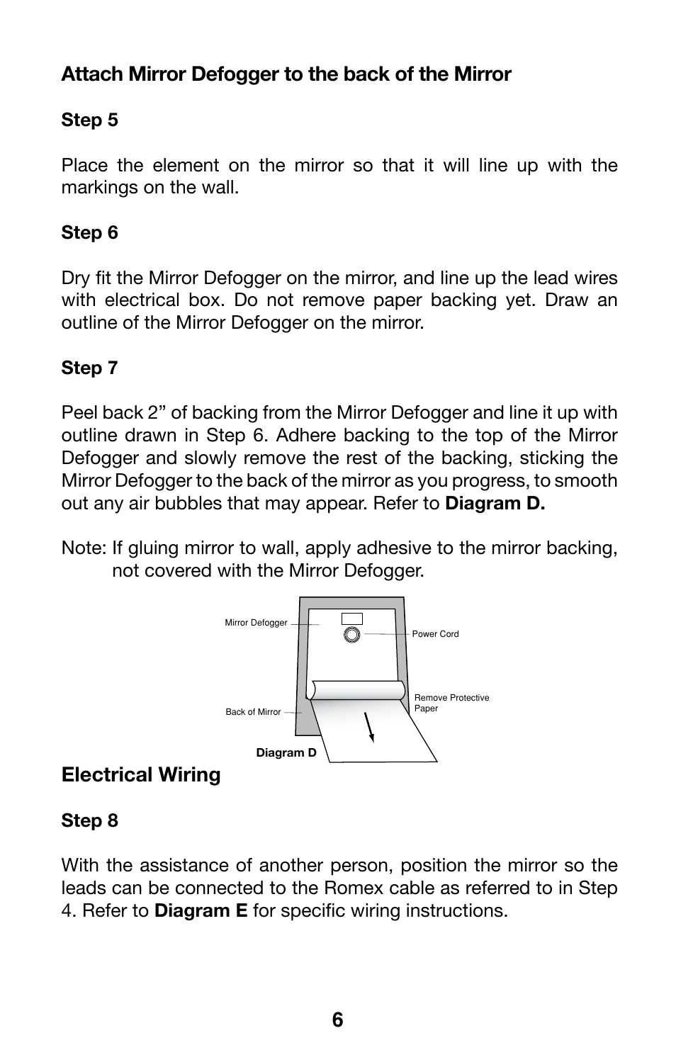 Attach mirror defogger to the back of the mirror, Electrical wiring | WarmlyYours Mirror Defogger User Manual | Page 8 / 12