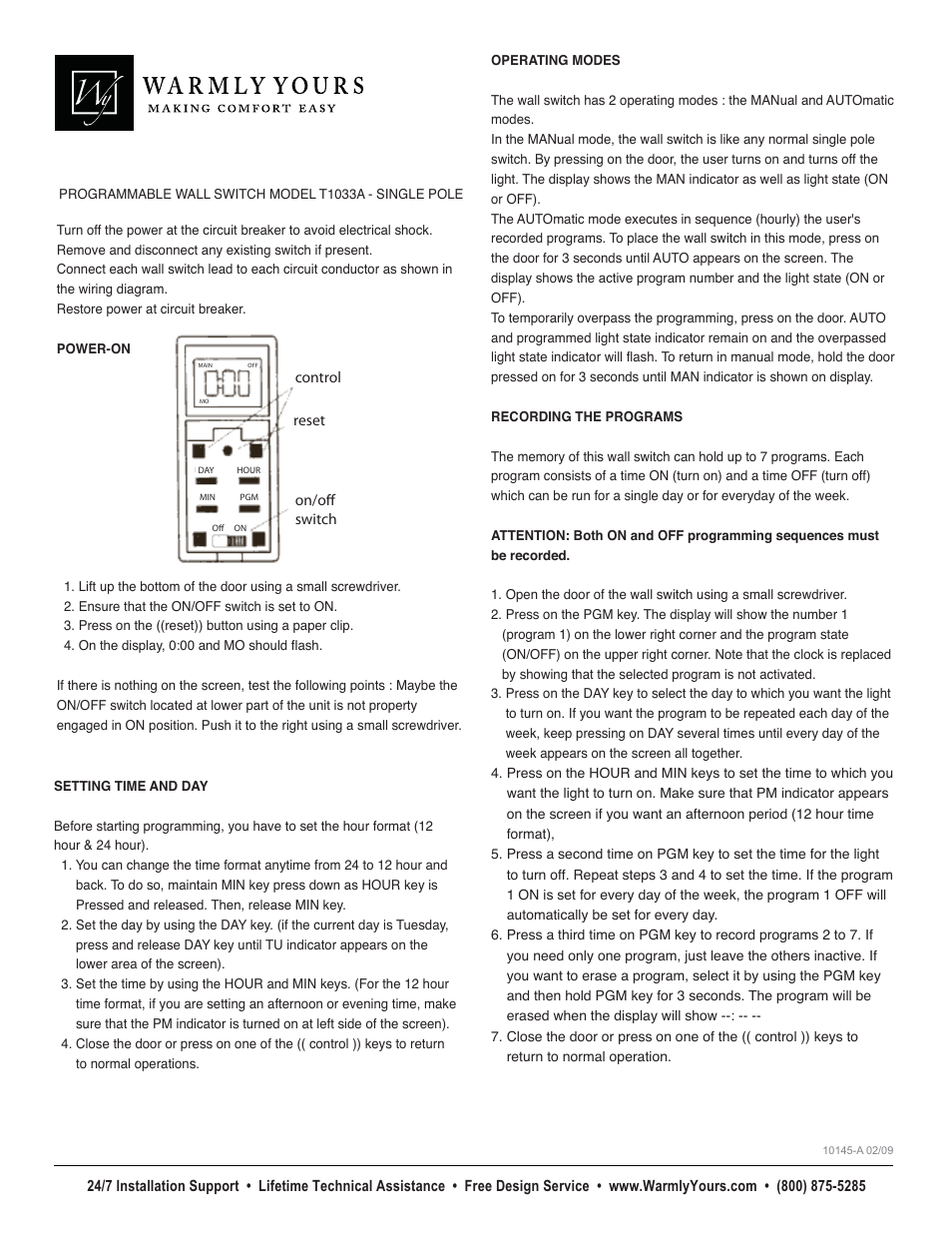 WarmlyYours T1033A User Manual | 2 pages