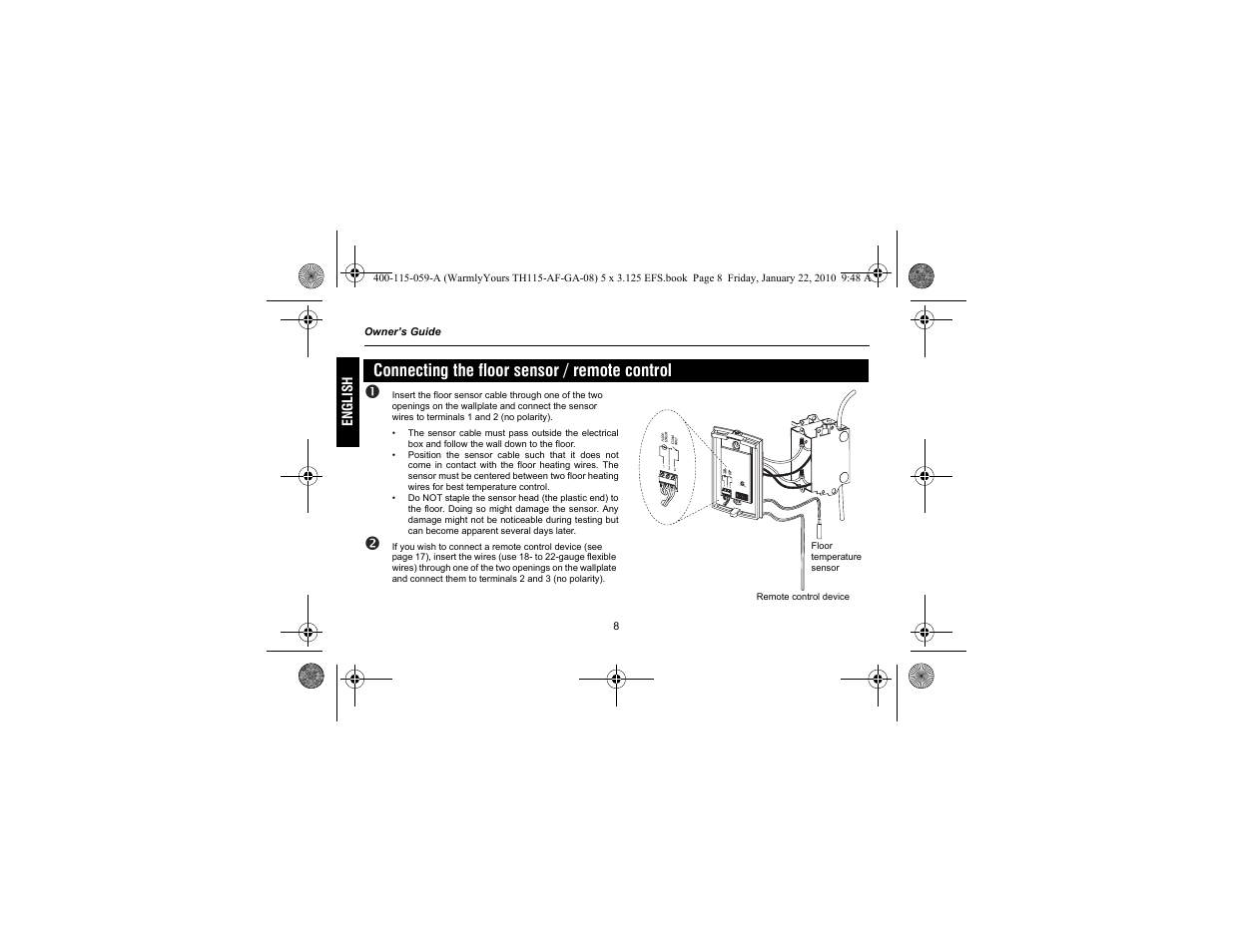 Connecting the floor sensor / remote control | WarmlyYours TH115-AF-GA User Manual | Page 10 / 76