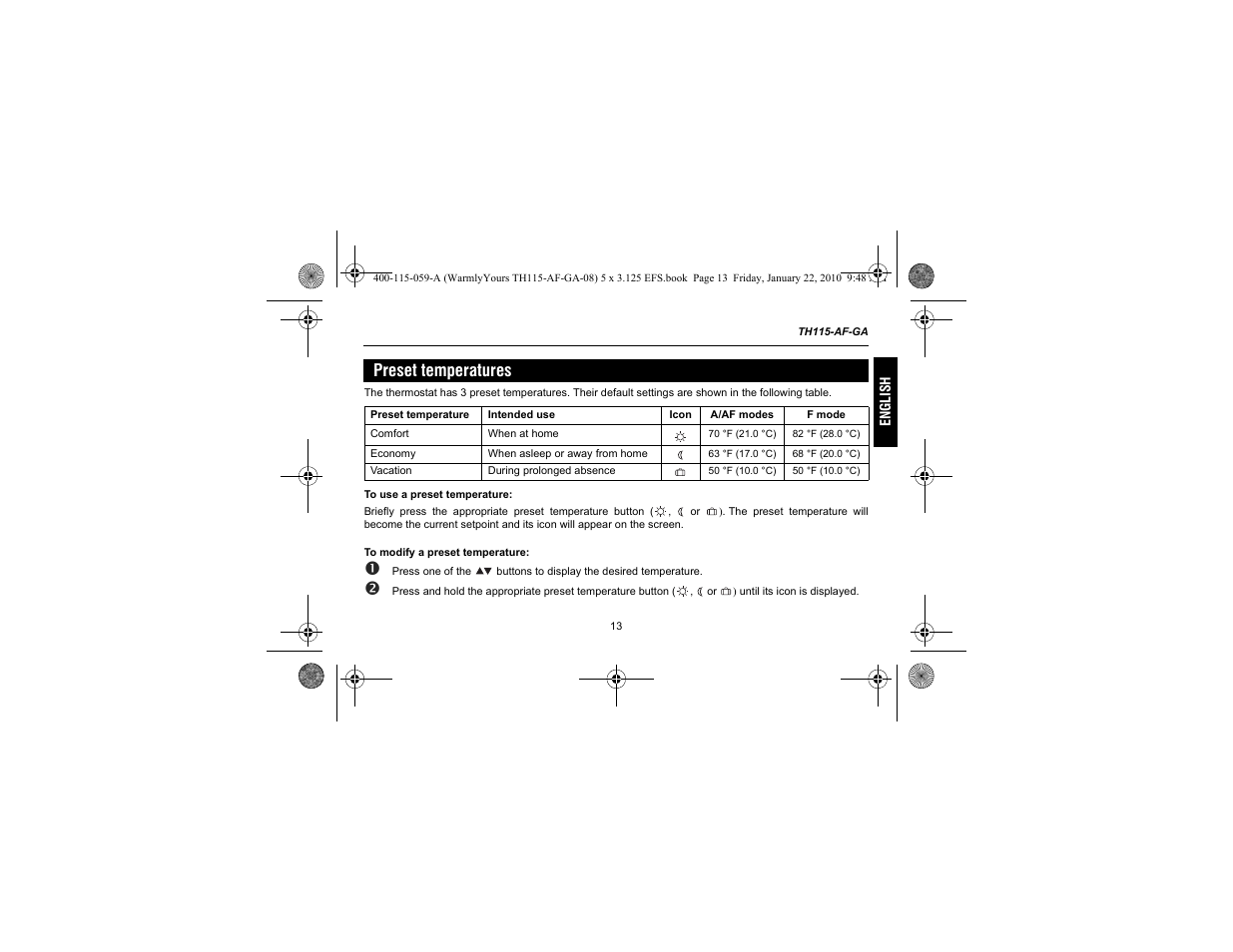 Preset temperatures | WarmlyYours TH115-AF-GA User Manual | Page 15 / 76