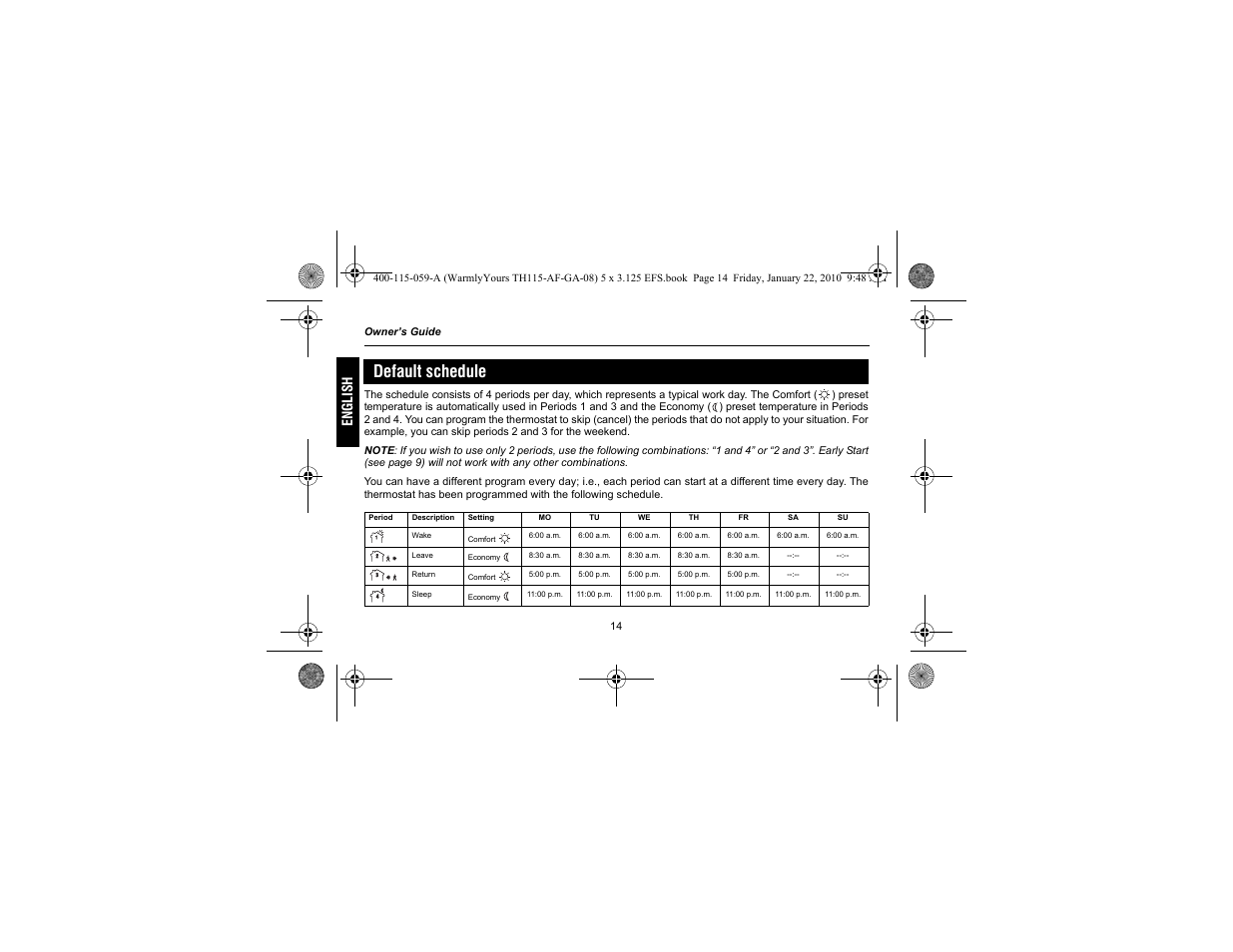 Default schedule, Eng lish | WarmlyYours TH115-AF-GA User Manual | Page 16 / 76