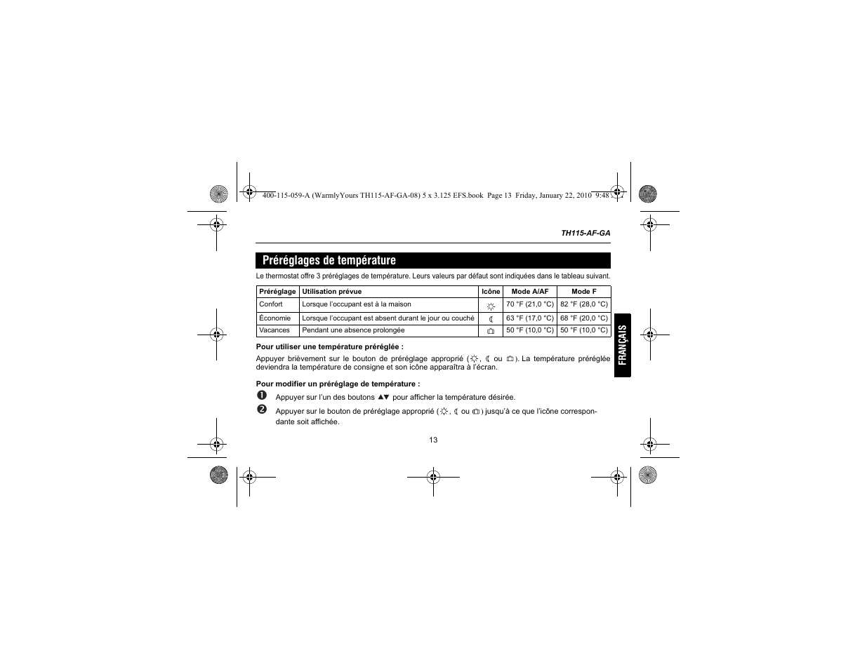 Préréglages de température | WarmlyYours TH115-AF-GA User Manual | Page 39 / 76