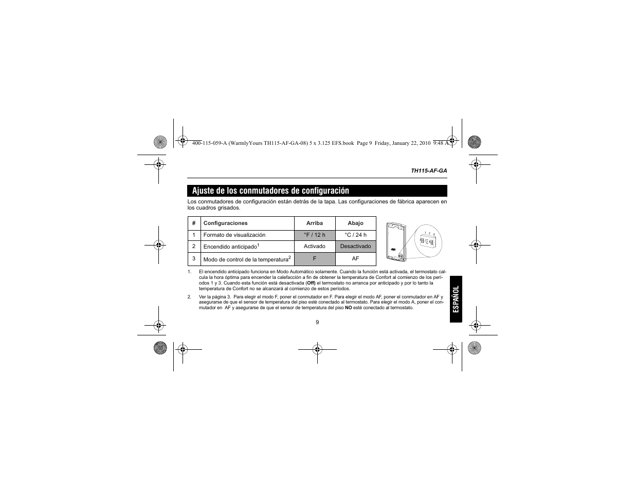 Ajuste de los conmutadores de configuración | WarmlyYours TH115-AF-GA User Manual | Page 59 / 76