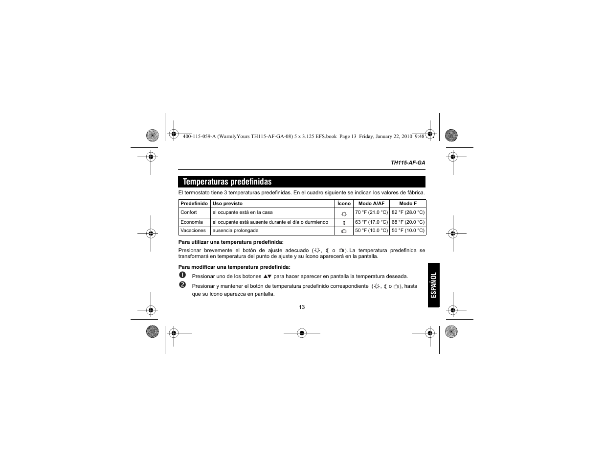 Temperaturas predefinidas | WarmlyYours TH115-AF-GA User Manual | Page 63 / 76