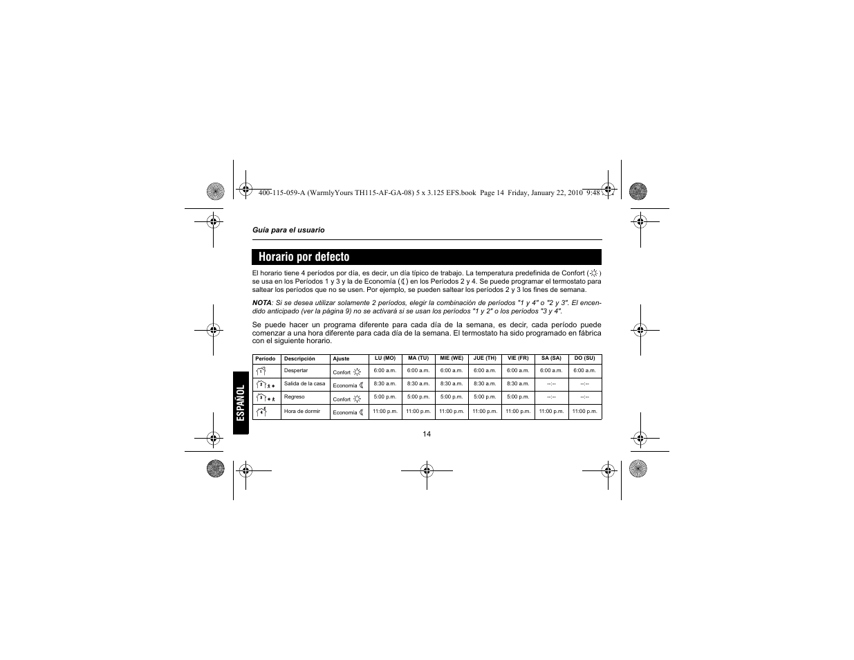 Horario por defecto, Esp añol | WarmlyYours TH115-AF-GA User Manual | Page 64 / 76