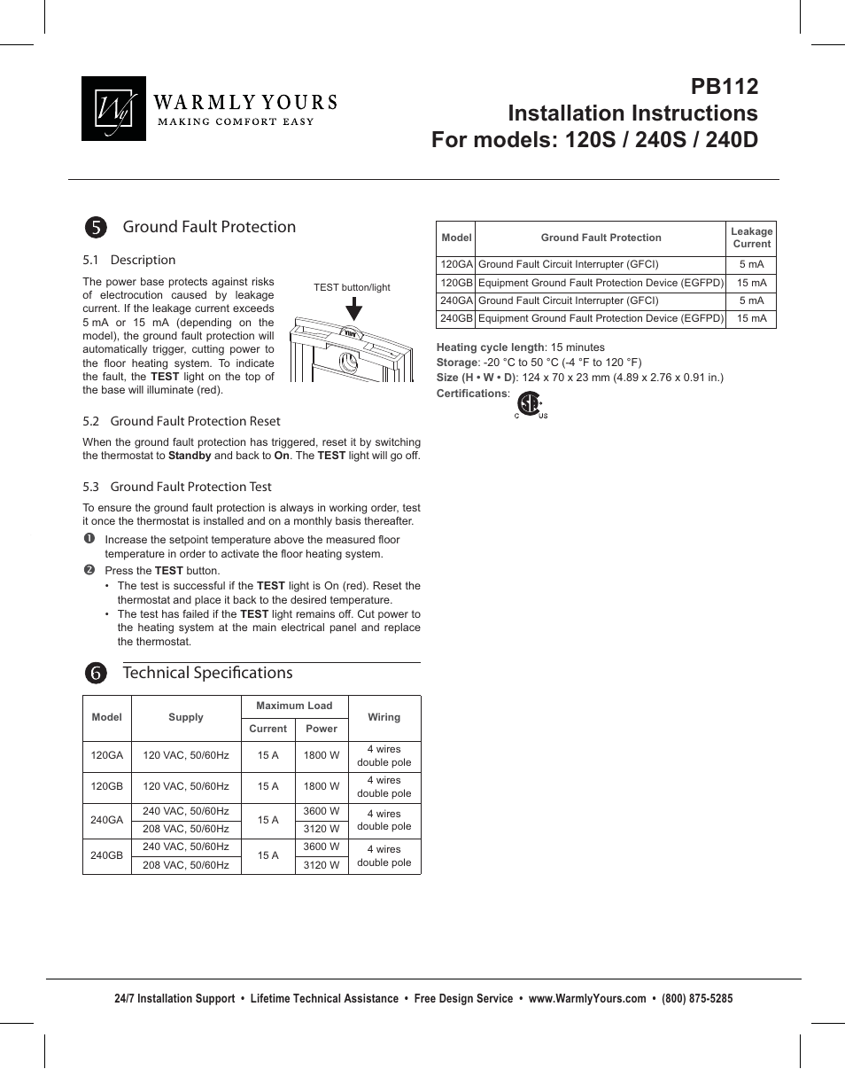 Ground fault protection technical specifications | WarmlyYours TH115-B-120GA User Manual | Page 4 / 4
