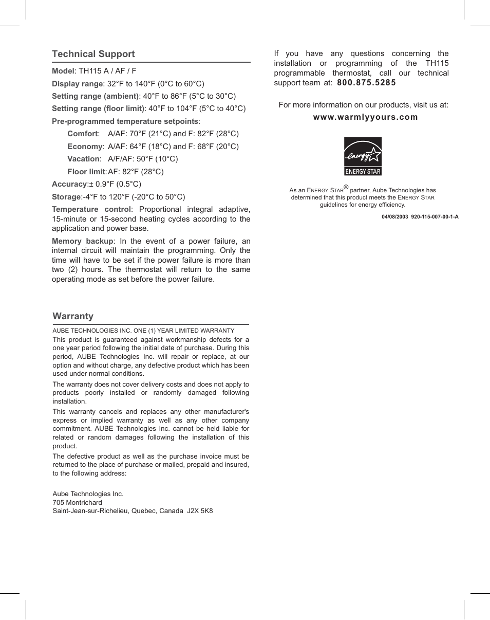 Th115_fullinstall_4-10103-a, Technical support, Warranty | WarmlyYours TH115 -F-120GA User Manual | Page 4 / 4