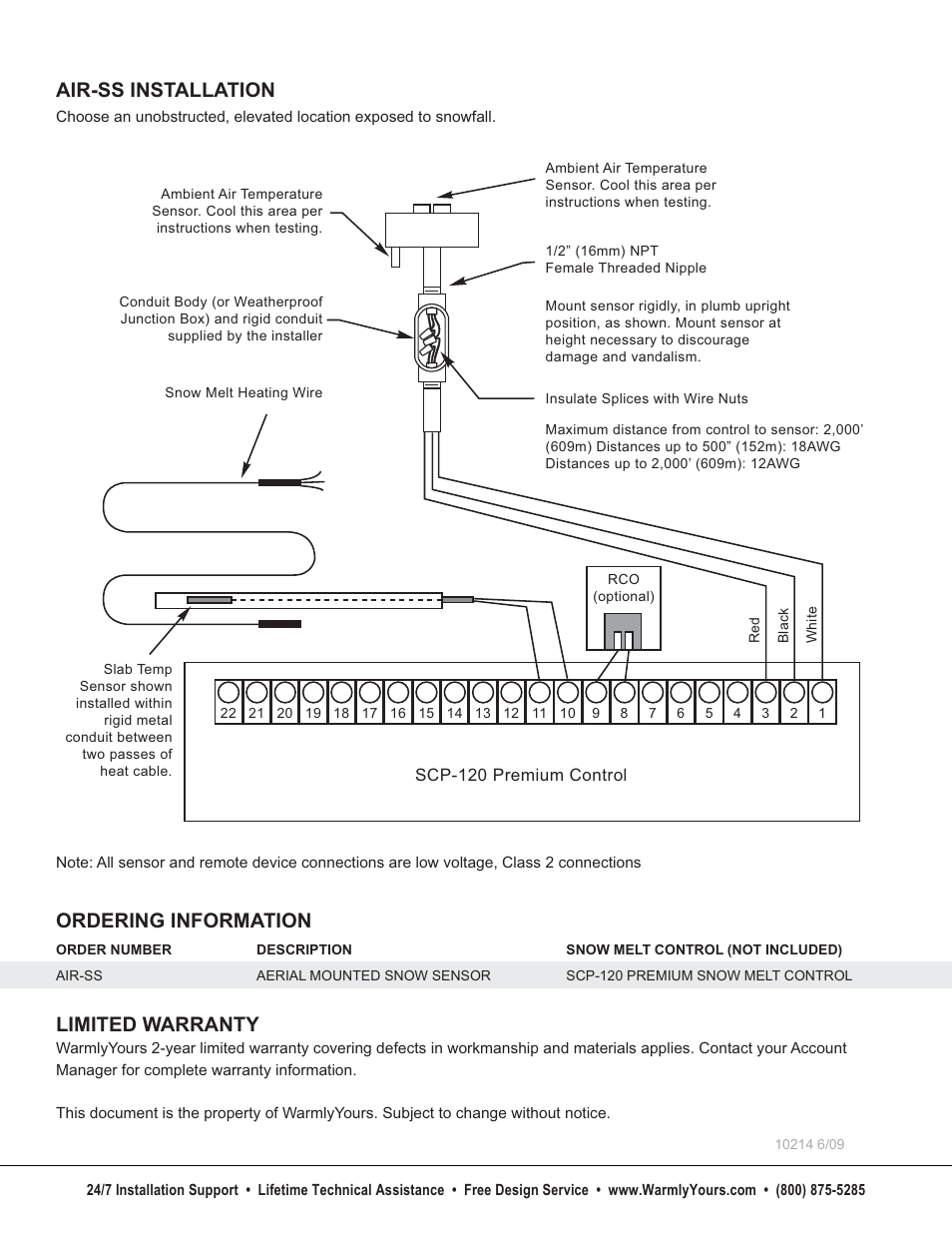 Aerial-mounted snow sensor air-ss_10214_2, Air-ss installation, Ordering information | Limited warranty | WarmlyYours AIR-SS User Manual | Page 2 / 2
