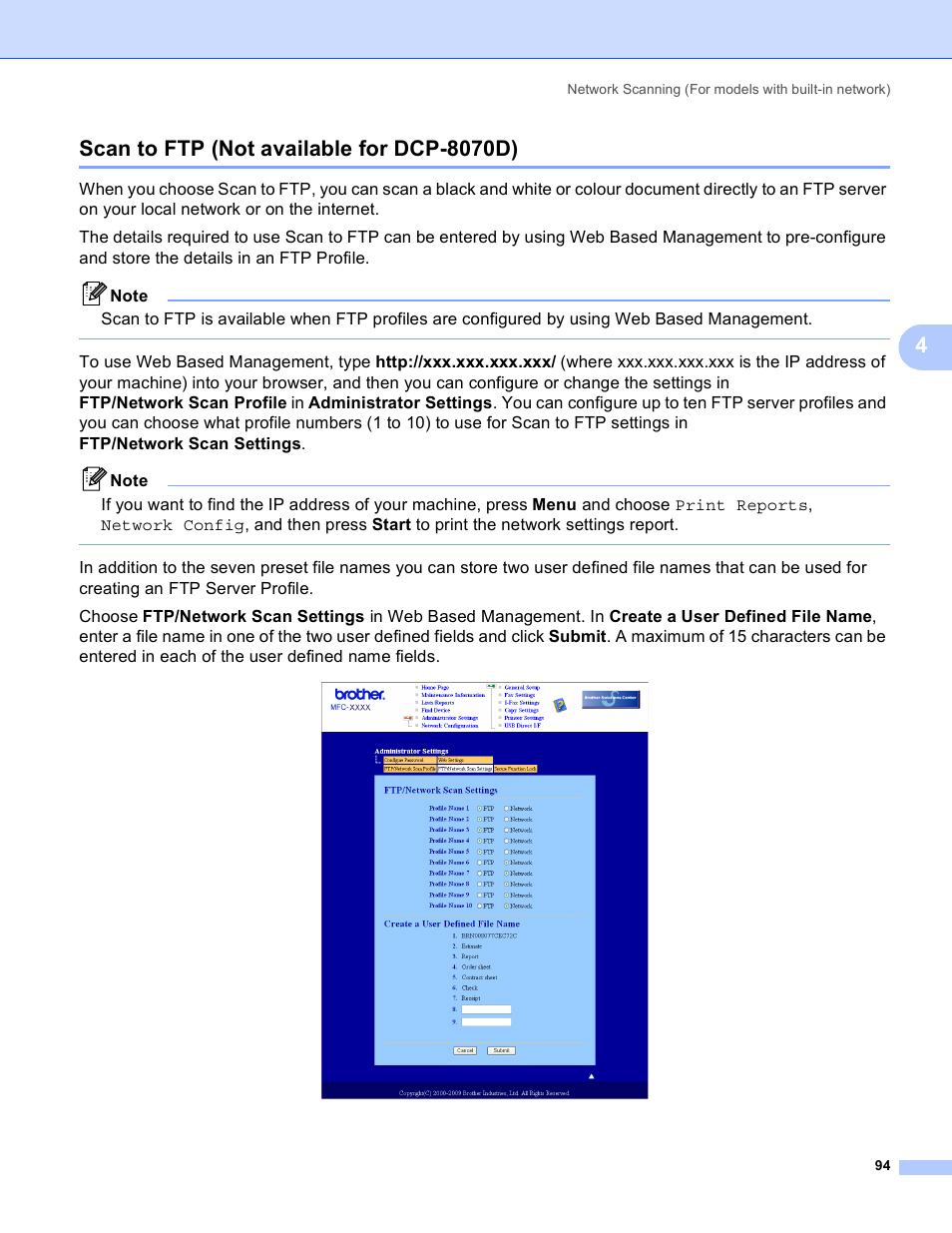 Scan to ftp (not available for dcp-8070d) | Brother MFC 8480DN User Manual | Page 102 / 228