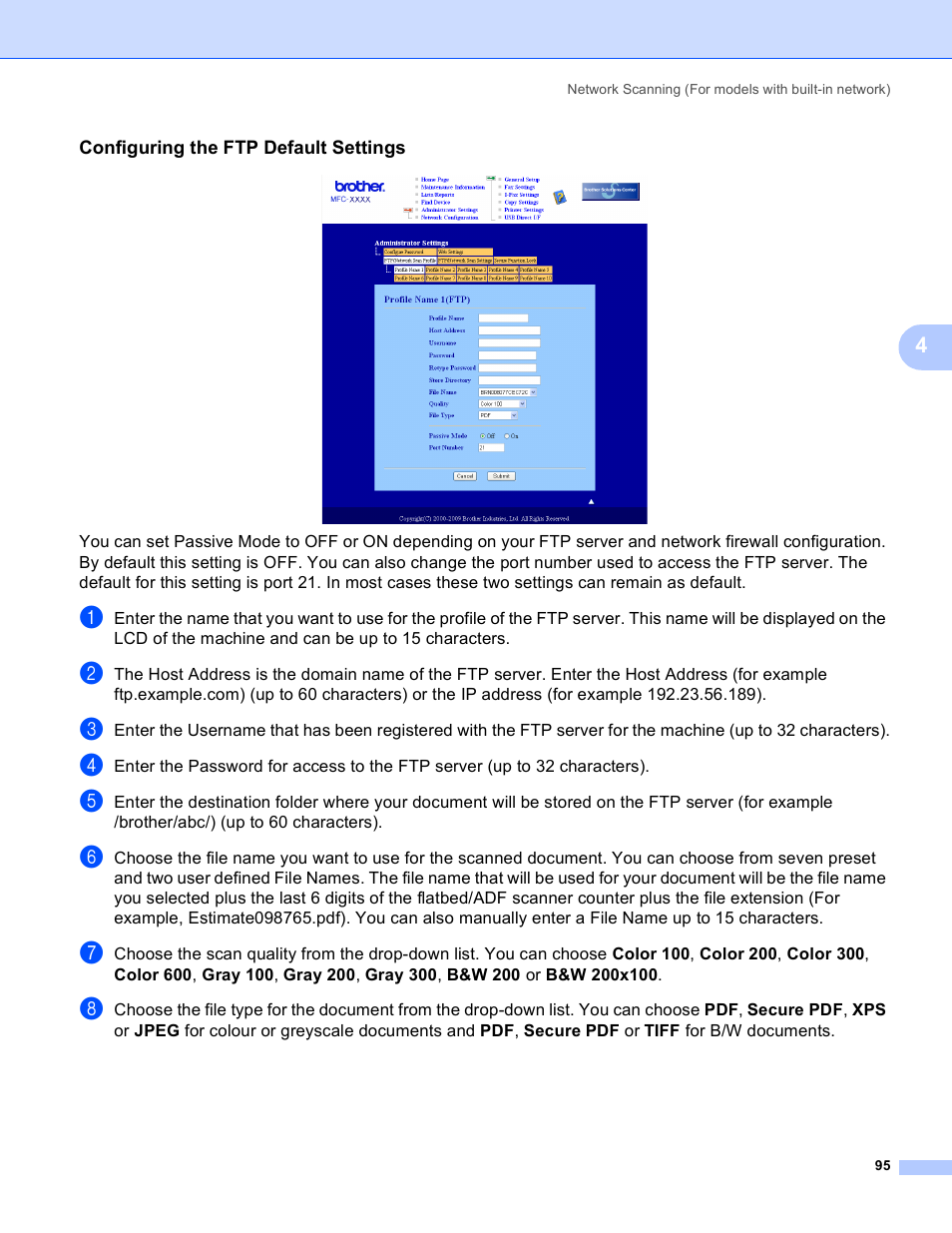 Configuring the ftp default settings | Brother MFC 8480DN User Manual | Page 103 / 228