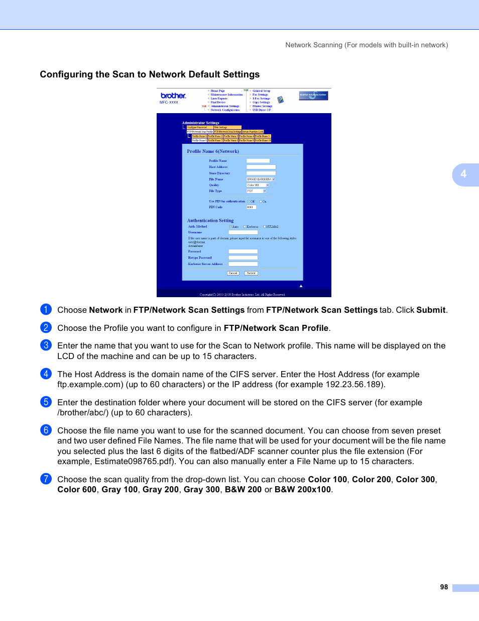 Configuring the scan to network default settings | Brother MFC 8480DN User Manual | Page 106 / 228