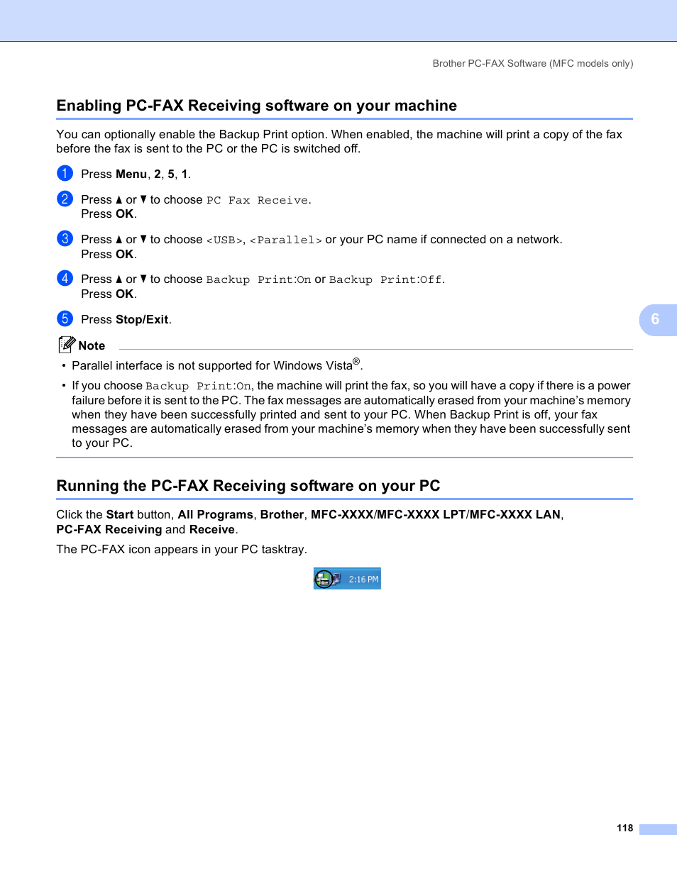 Enabling pc-fax receiving software on your machine, Running the pc-fax receiving software on your pc | Brother MFC 8480DN User Manual | Page 126 / 228