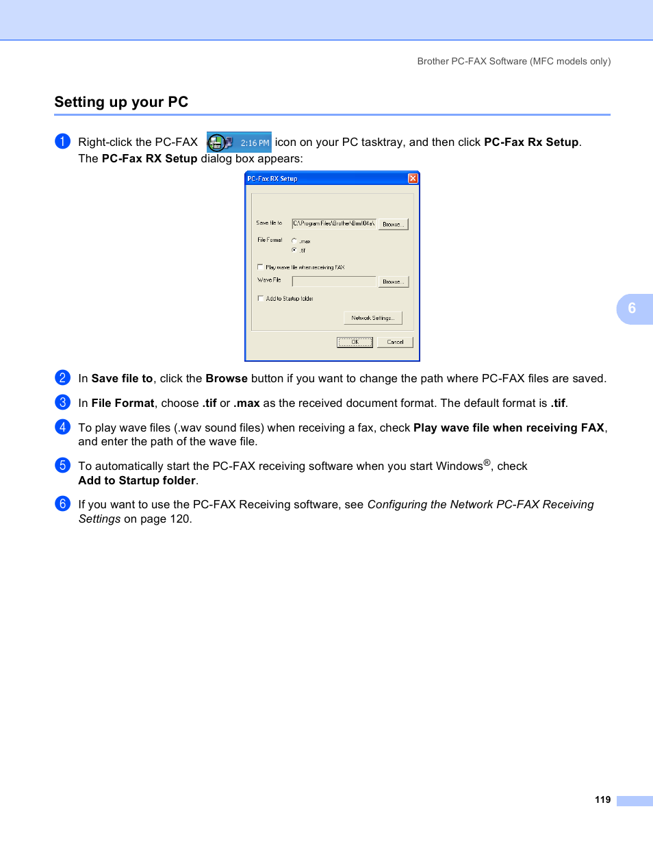 Setting up your pc, 6setting up your pc | Brother MFC 8480DN User Manual | Page 127 / 228