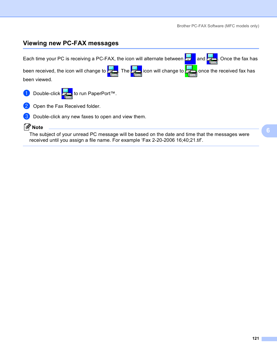 Viewing new pc-fax messages, 6viewing new pc-fax messages | Brother MFC 8480DN User Manual | Page 129 / 228