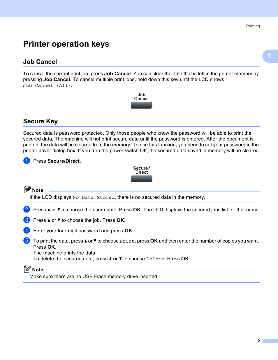 Printer operation keys, Job cancel, Secure key | Job cancel secure key | Brother MFC 8480DN User Manual | Page 13 / 228
