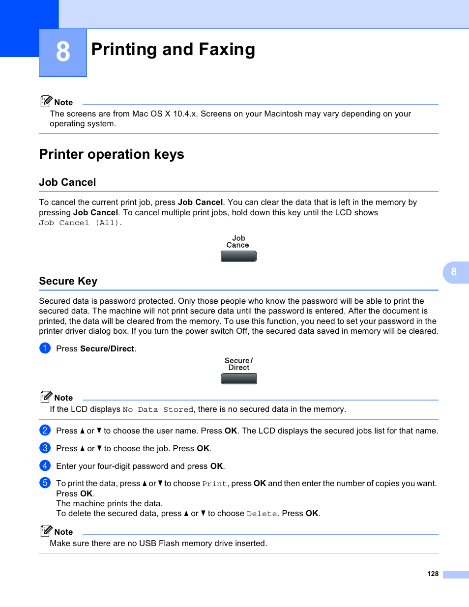 8 printing and faxing, Printer operation keys, Job cancel | Secure key, Printing and faxing, Job cancel secure key | Brother MFC 8480DN User Manual | Page 136 / 228