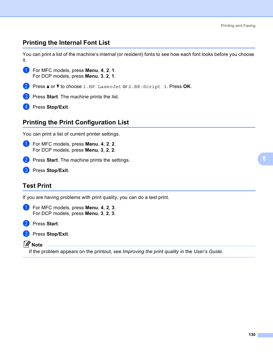 Printing the internal font list, Printing the print configuration list, Test print | 8printing the internal font list | Brother MFC 8480DN User Manual | Page 138 / 228