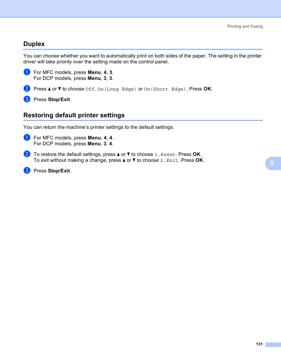 Duplex, Restoring default printer settings, Duplex restoring default printer settings | 8duplex | Brother MFC 8480DN User Manual | Page 139 / 228