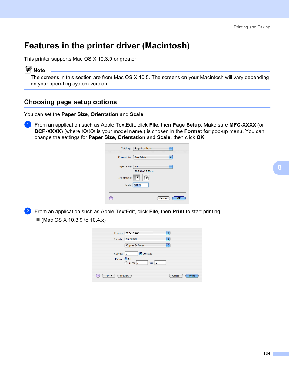 Features in the printer driver (macintosh), Choosing page setup options | Brother MFC 8480DN User Manual | Page 142 / 228